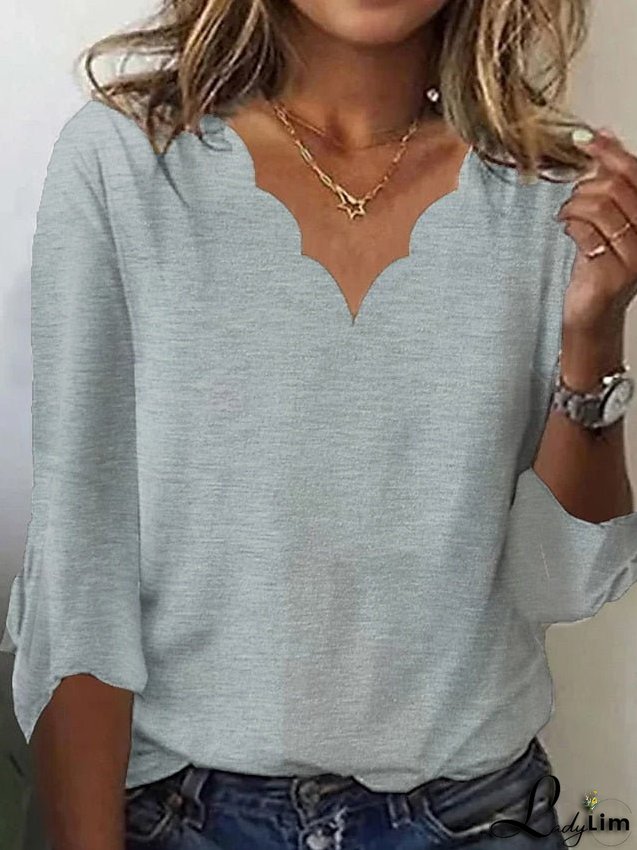 Regular Plain V Arm Length Blue Neck White 3/4 - Women's Pink T-Shirt Fit