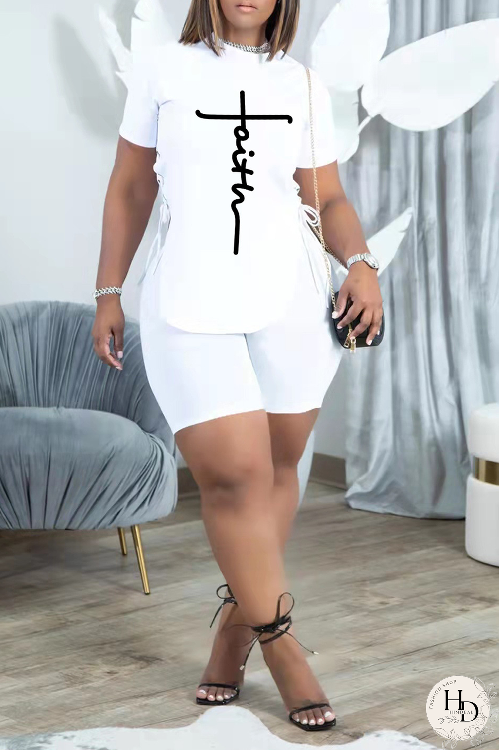 White Casual Print Draw String O Neck Short Sleeve Two Pieces