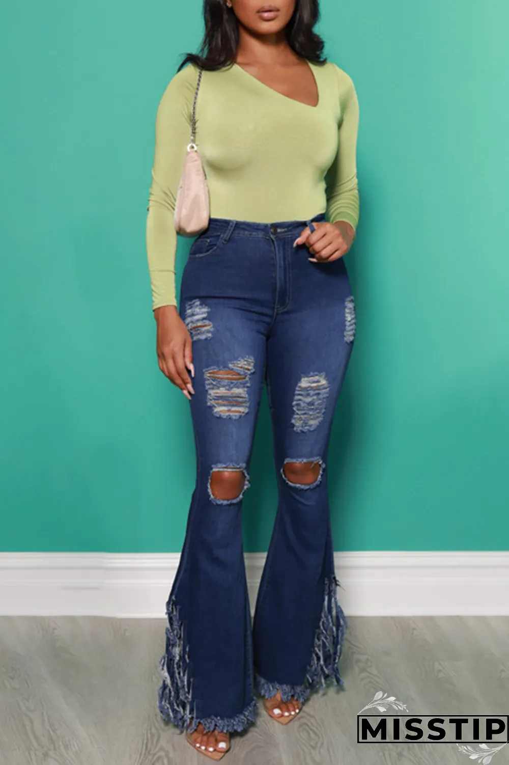 Dark Blue Sexy Solid Ripped Plus Size Jeans