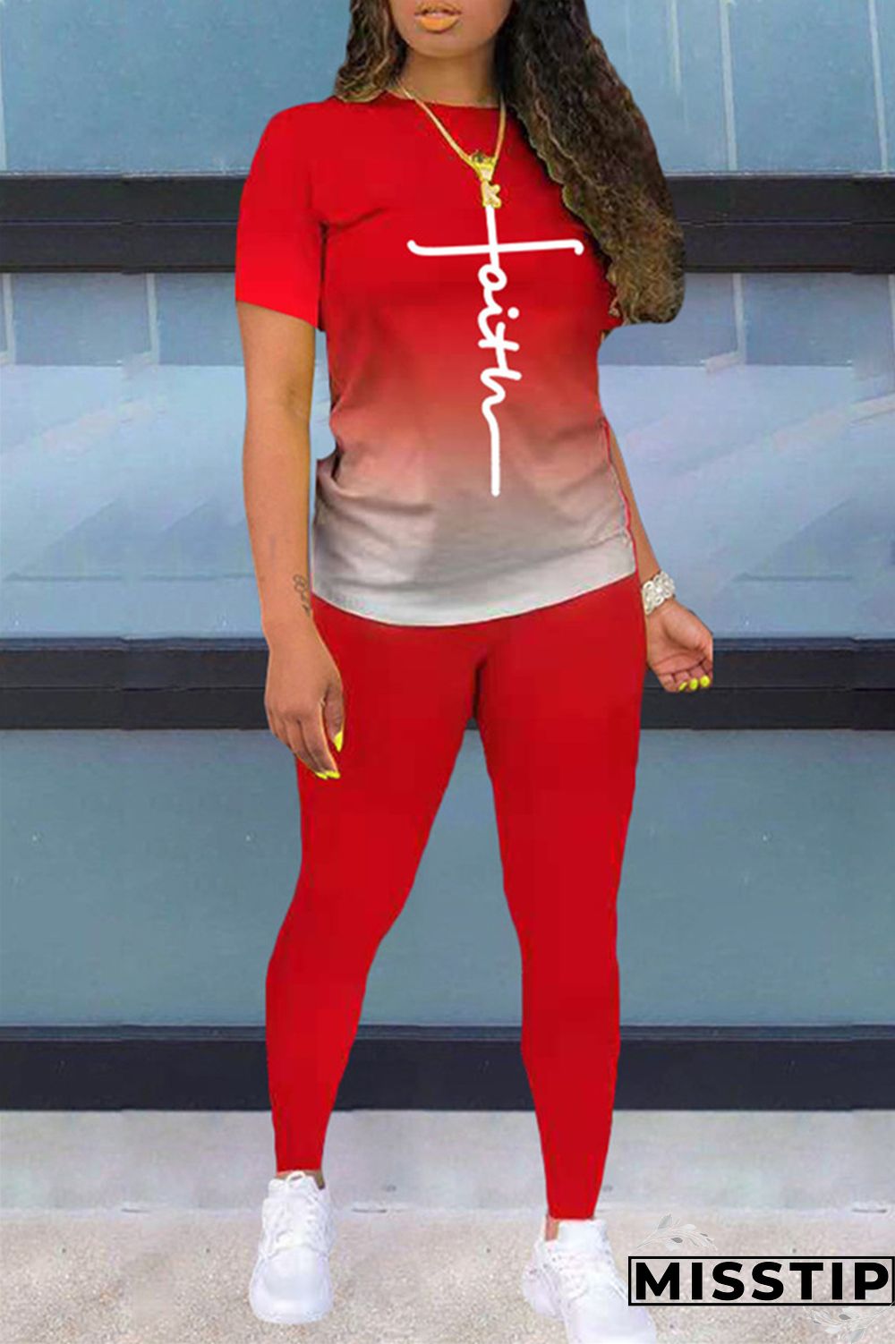 Black Fashion Casual Gradual Change Print Basic O Neck Short Sleeve Two Pieces