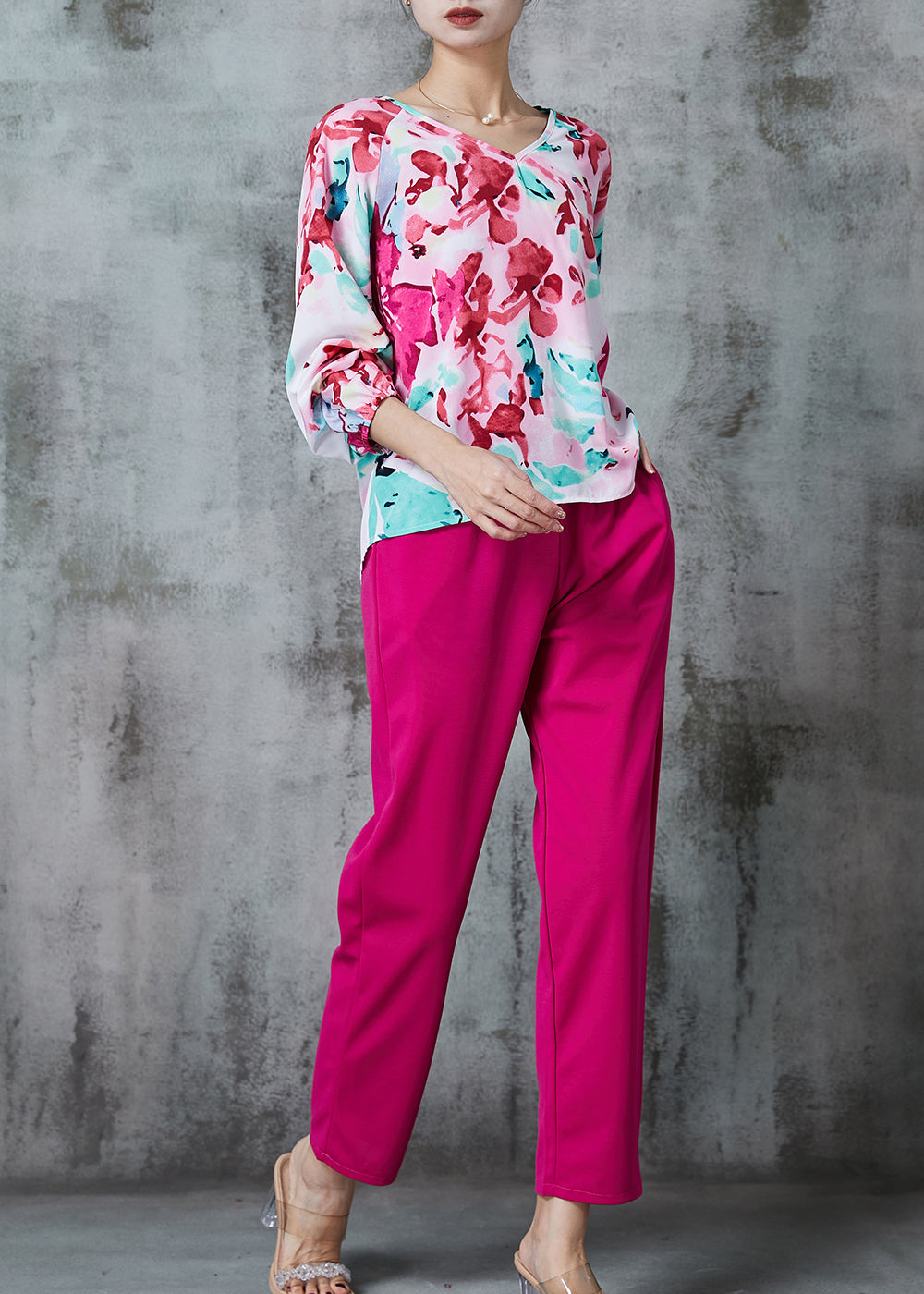 VCSHOES Pink V Neck Print Linen Two Piece Set Outfits Spring