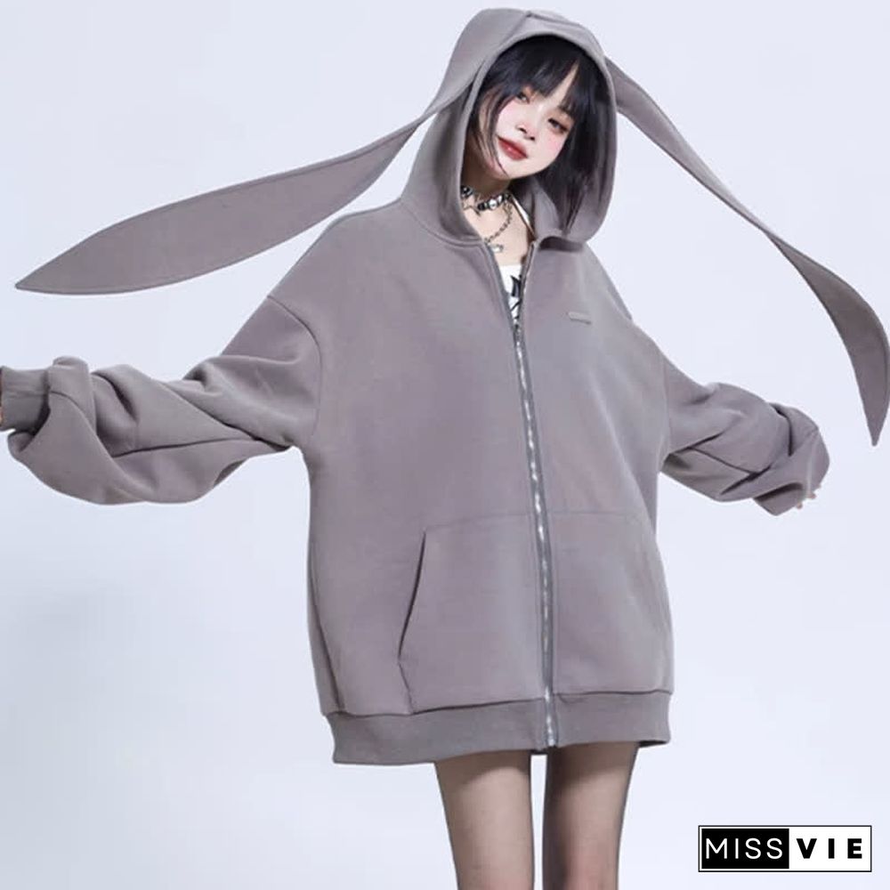 Long Bunny Ears Pocket Oversize Zipper Hooded Sweatshirt