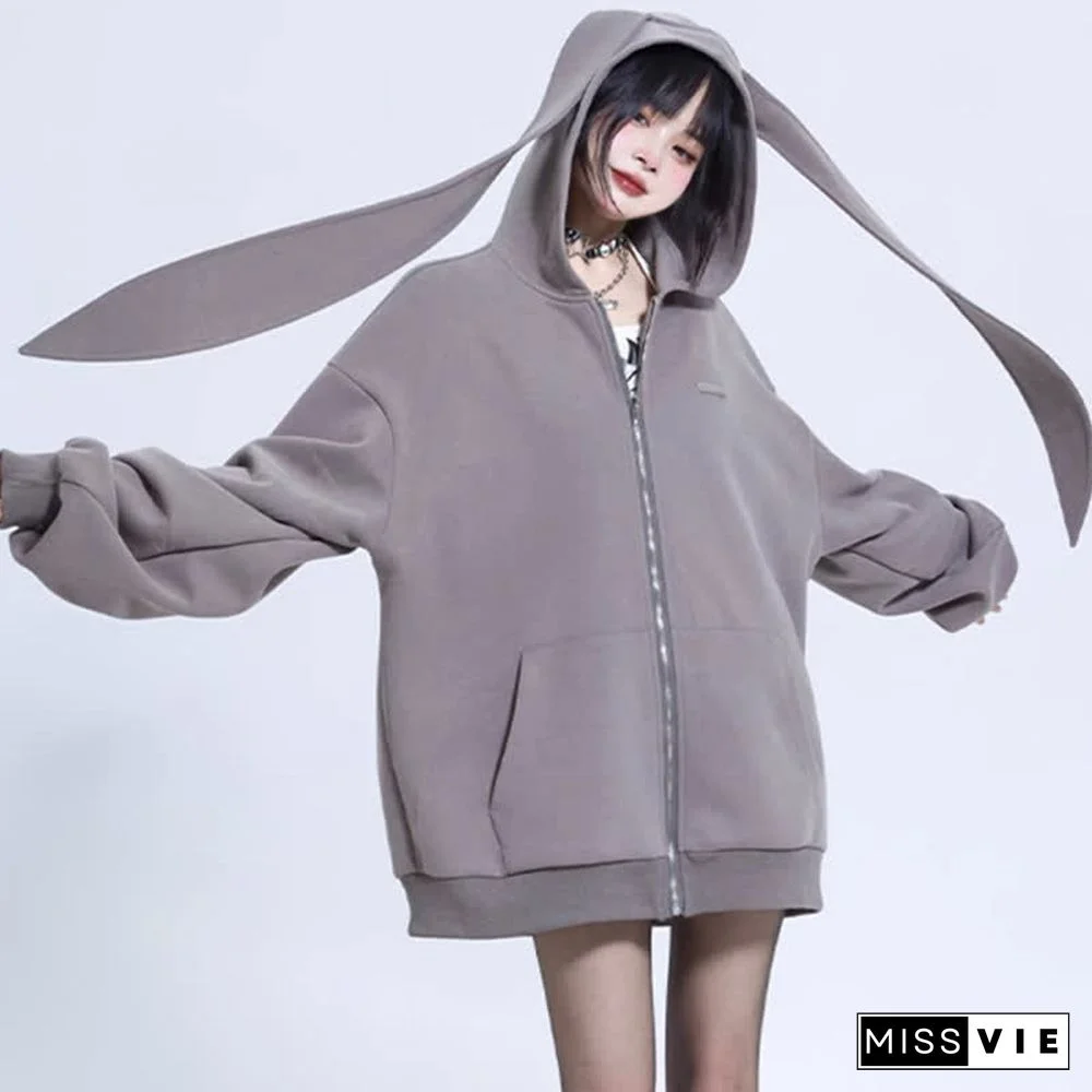 Long Bunny Ears Pocket Oversize Zipper Hooded Sweatshirt