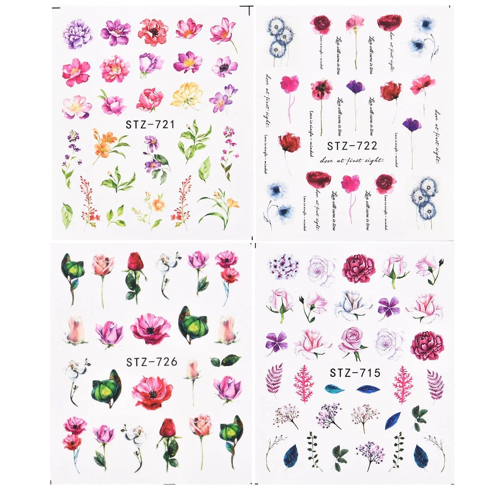 Coloful Flower Leaf 3D Stickers on Nails Decoration Tattoo Water Decals Nail Sticker UV Gel Slider Manicure Wraps-Nail Inspo