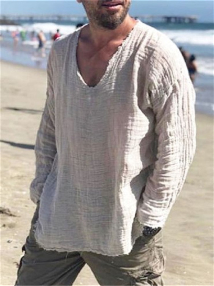 Men's Linen Shirt Casual Shirt Solid Color Plain V Neck Wine Light Grey Gray Outdoor Street Long Sleeve Clothing Apparel Fashion Casual Breathable Comfortable