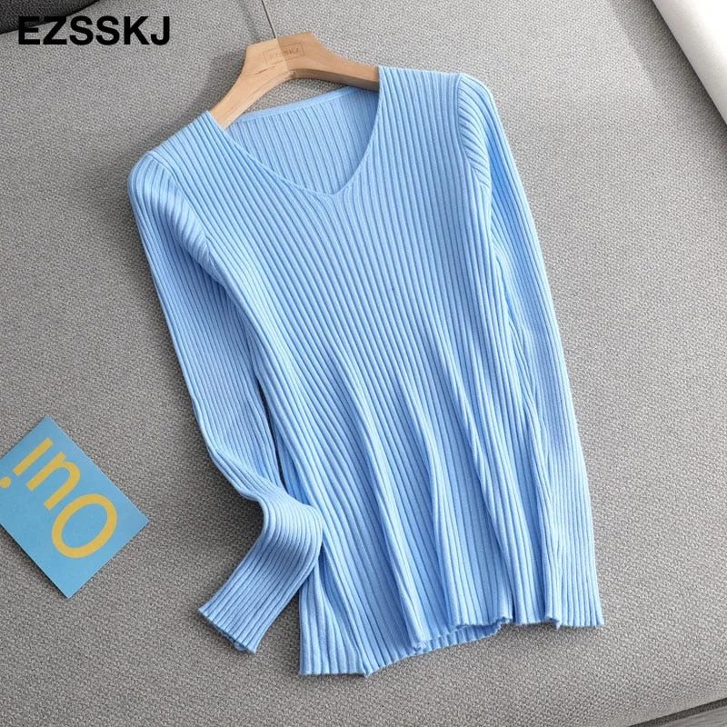 2021 basic v-neck solid autumn winter Sweater Pullover Women Female Knitted sweater slim long sleeve badycon sweater cheap