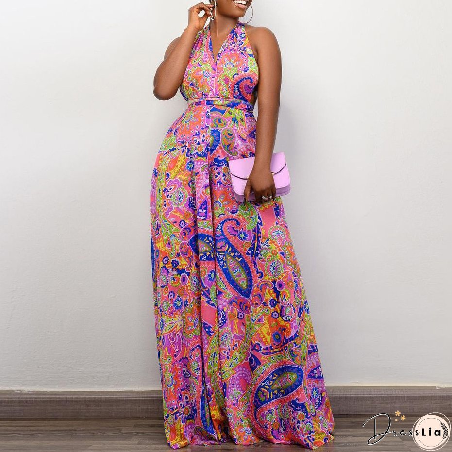 Plus Size Women African Print Halter Neck Beach Jumpsuit
