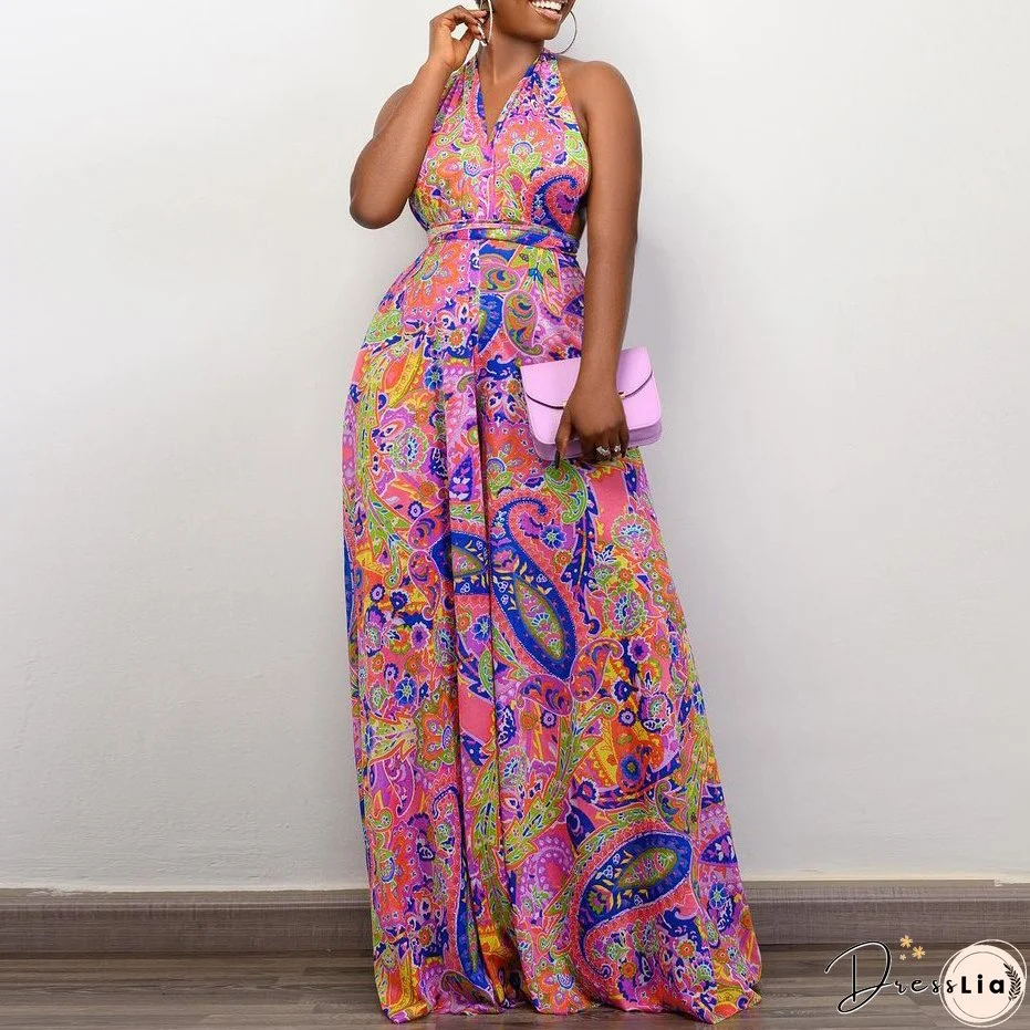 Plus Size Women African Print Halter Neck Beach Jumpsuit