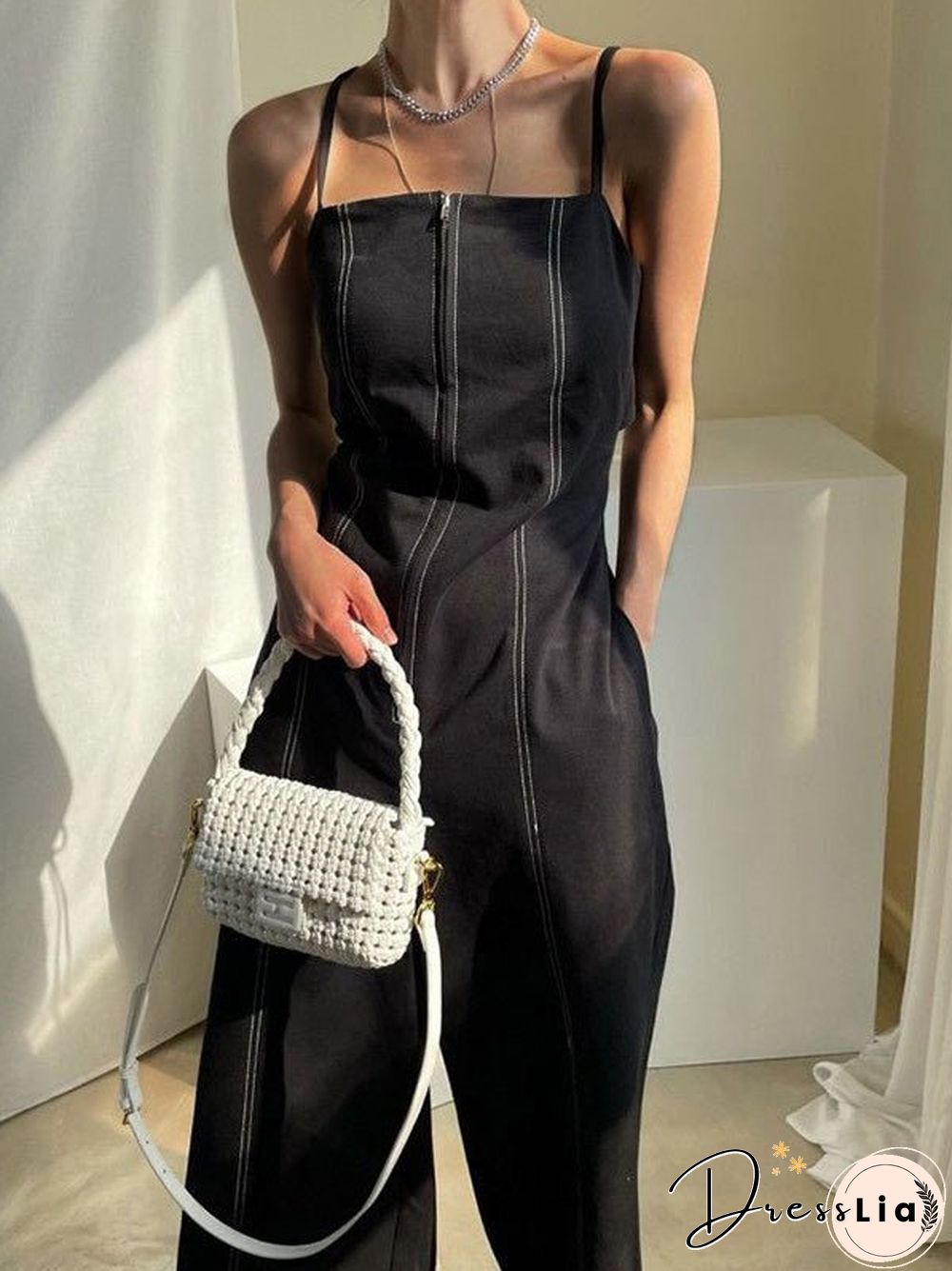 Women'S Jumpsuits Sling Zip Pocket High Waist Wide Leg Jumpsuit