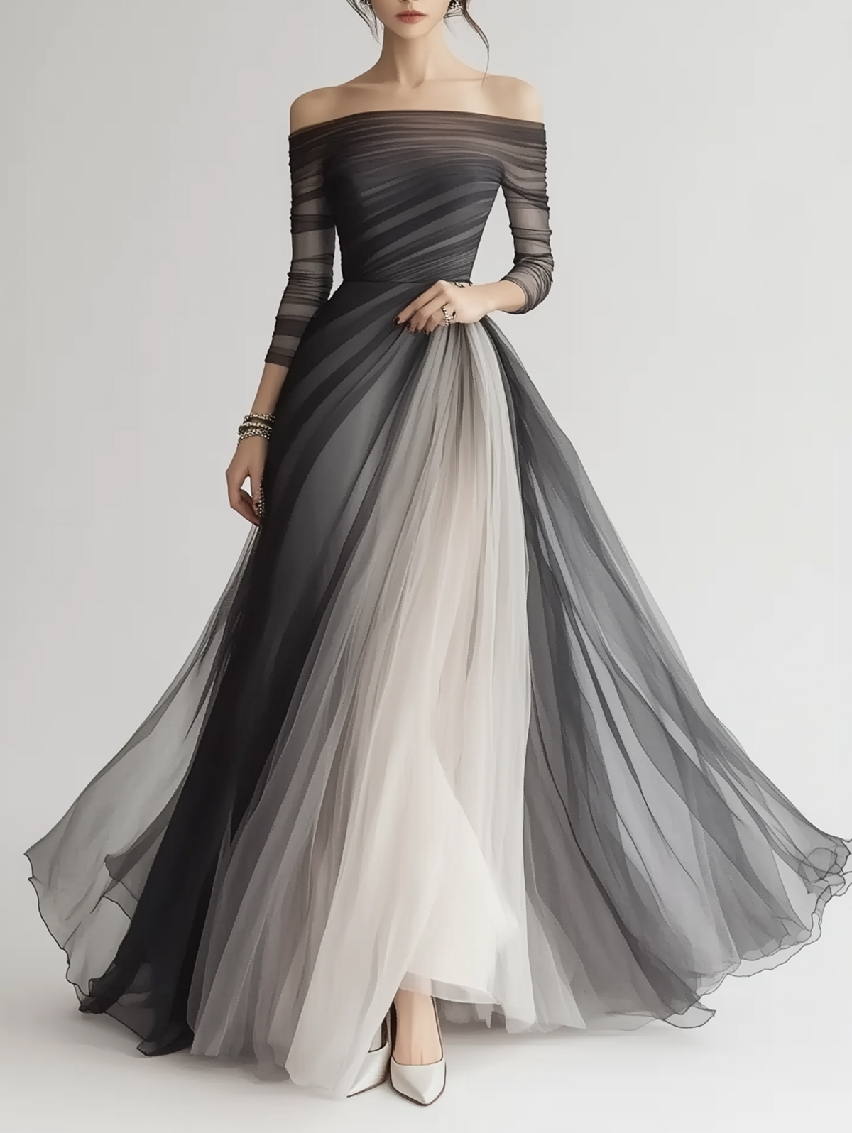 Ursime Ombre Pattern Off Shoulder Long Sleeve Layered Maxi Dress