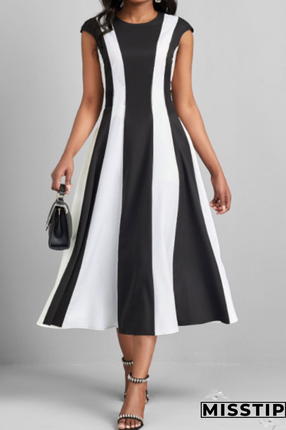 Black Casual Striped Print Patchwork O Neck A Line Dresses