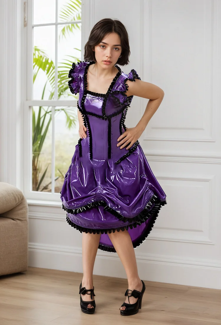 Women Latex Dress Vibrant Purple Black Lace
