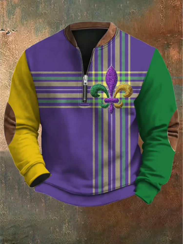 Comstylish Men's Retro Mardi Gras Print Zipper Sweatshirt