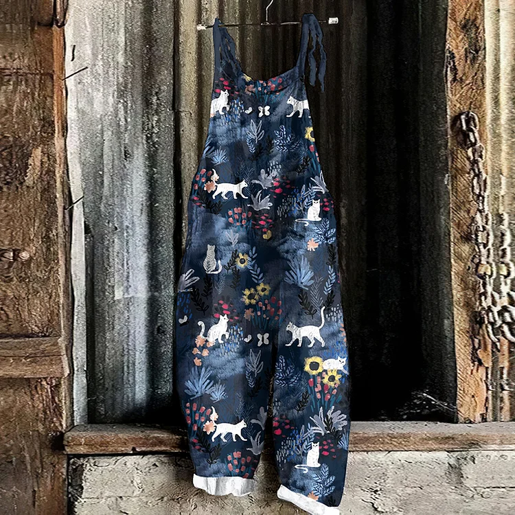 Utbros Vintage Dark Night Garden Kitten Graphic Casual Loose Jumpsuit
