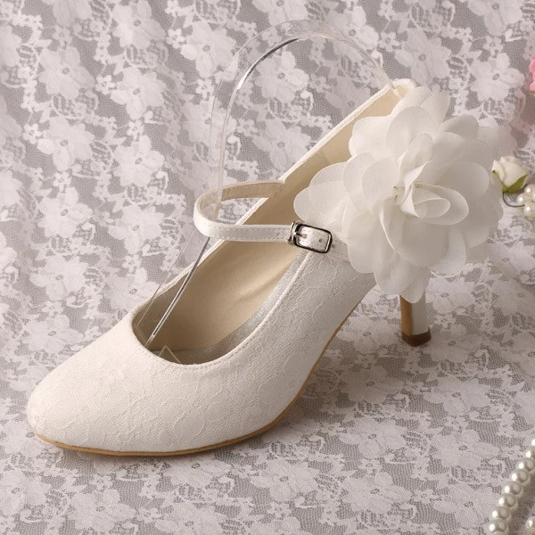 Ivory Wedding Shoes Lace Heels Mary Jane Pumps with Flower |FSJ Shoes