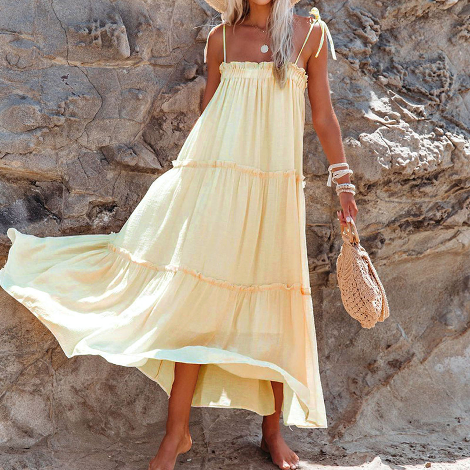 Women's Fashion Summer Beach Retro Simple Cotton Casual Loose Sleeveless Maxi Dress