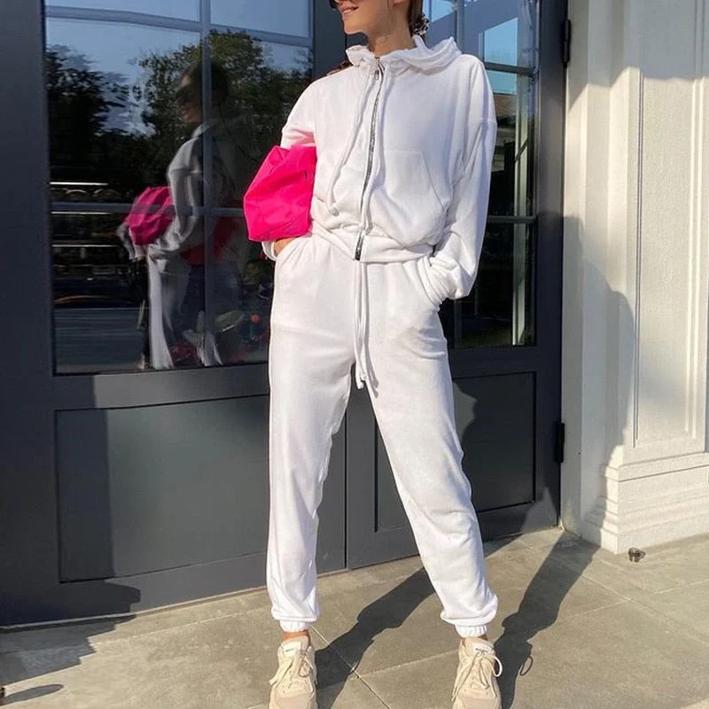 Abebey Women Pants Tracksuit Velvet Zipper Jacket Sets Casual Drawstring Hoodie Top And Lace Up Joggers Ladies Suit Loose Trendy Autumn