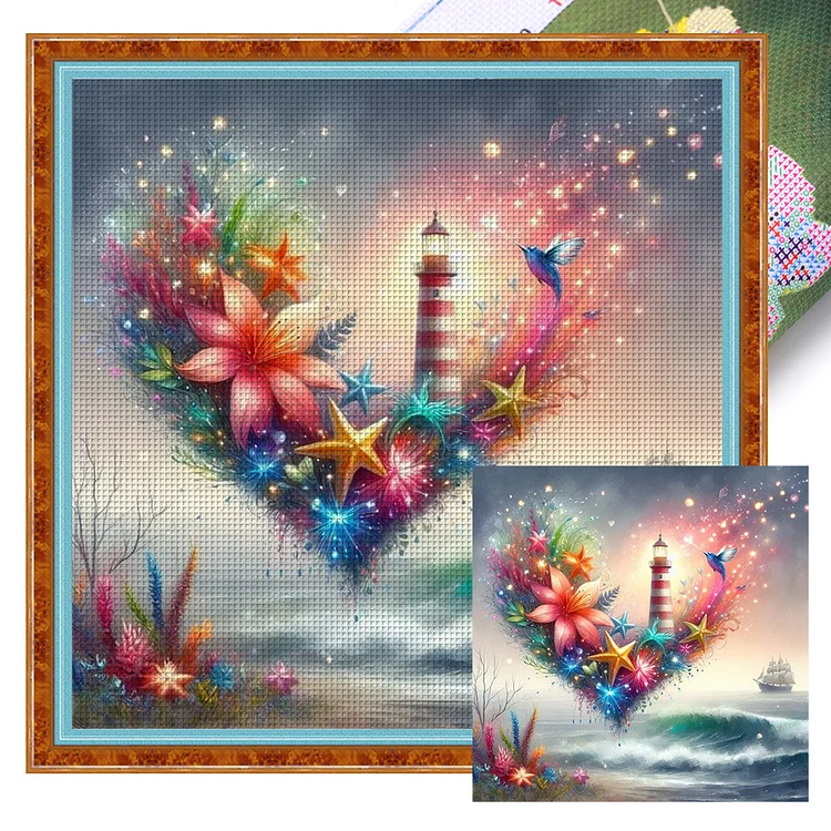 【Huacan Brand】Love Lighthouse By The Sea 11CT Stamped Cross Stitch 40*40CM