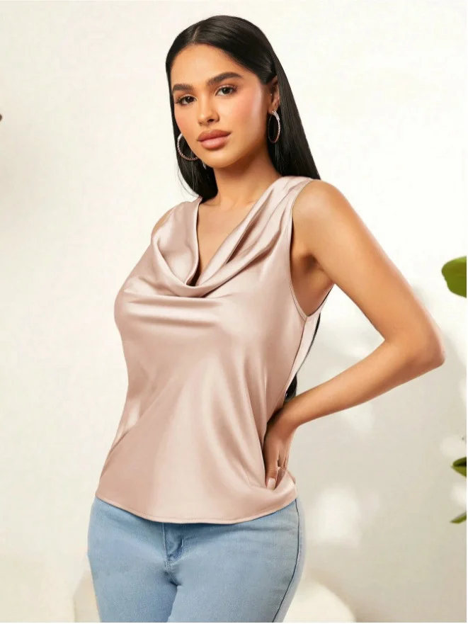 Woherb New Summer Satin Heap Collar Solid Color Sleeveless Vest Sleeveless Blouse-Outfit Ideas