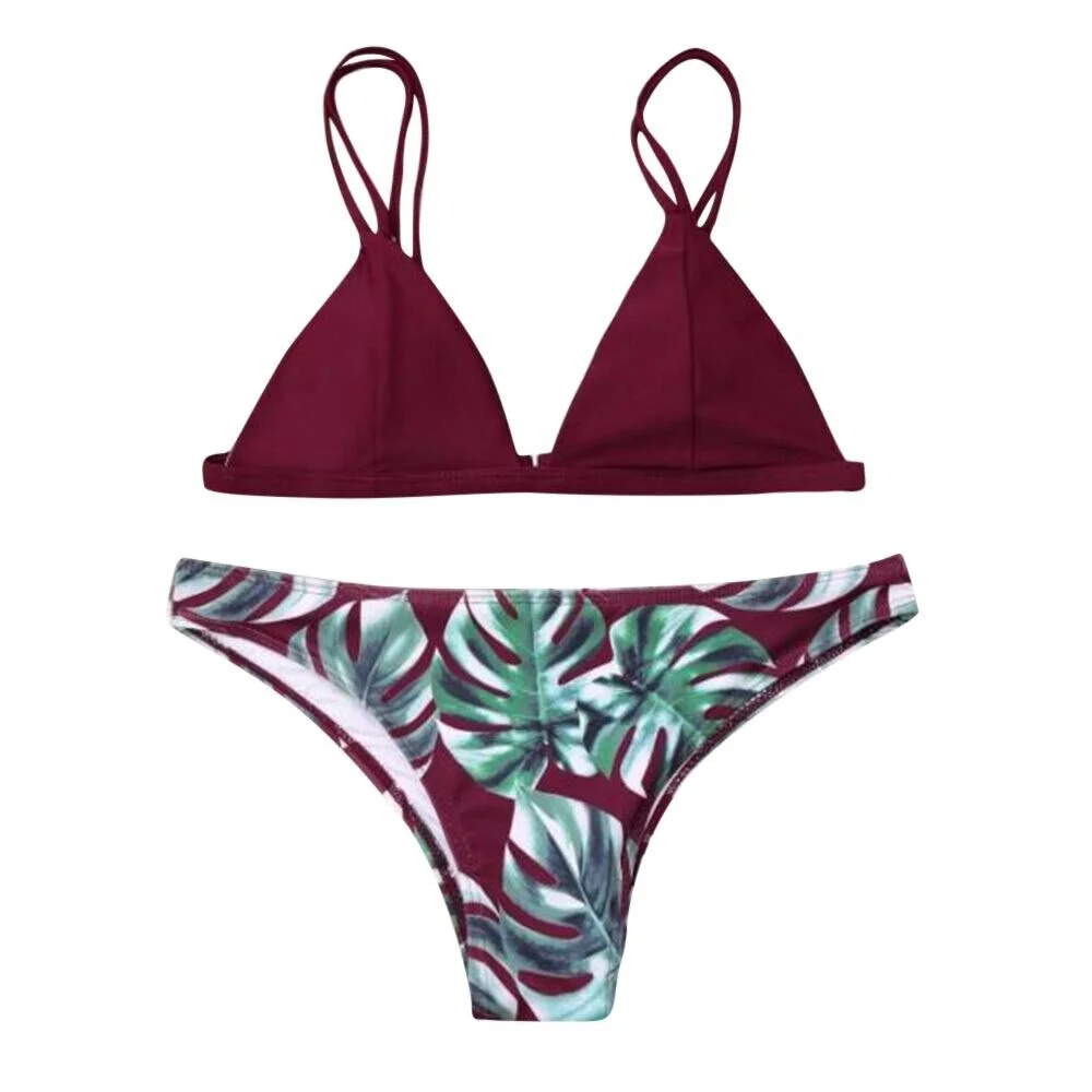 Women Split Swimwear Bikini Set Sexy Print Leaves Push-Up Padded Female Bather Wire Free Tankini Plavky Swimsuit Beachwear