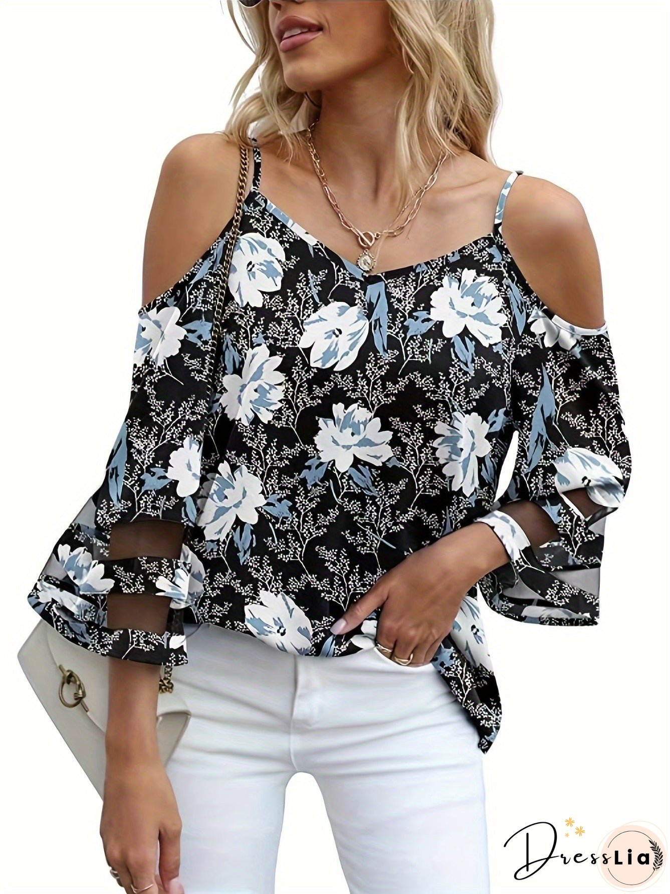 Print V-neck Loose Off Shoulder Blouses, Casual Mesh Flutter Sleeve Fashion Shirts Tops, Women's Clothing