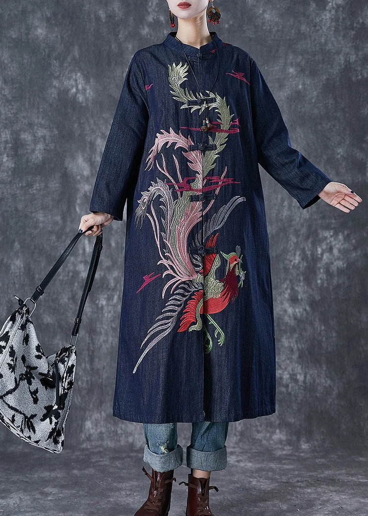 Chic Navy Phoenix Embroideried Chinese Button Denim Trench Fall
