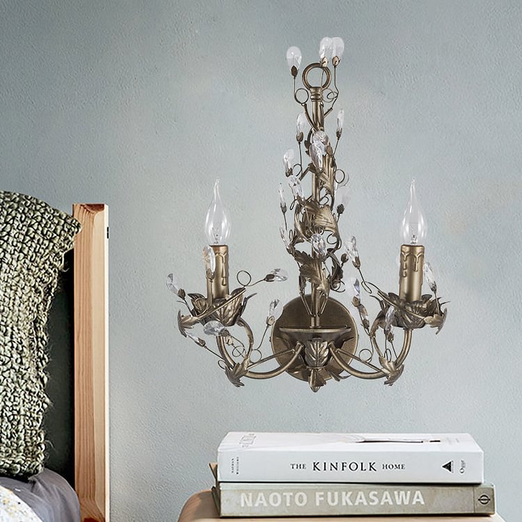 Metal Rust Wall Light Fixture Candelabra 2 Lights Vintage Sconce Light with Crystal Accent