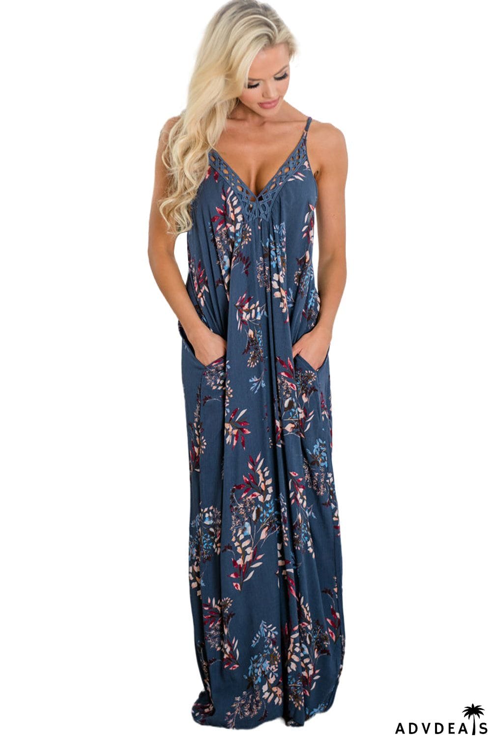 Crochet V Neck Sleeveless Floral Print Pockets Maxi Dress