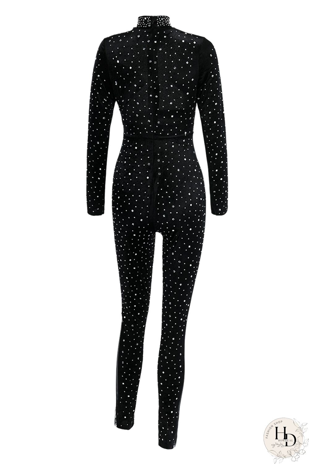 Blue Fashion Sexy Patchwork Hot Drilling Split Joint Turtleneck Skinny Jumpsuits