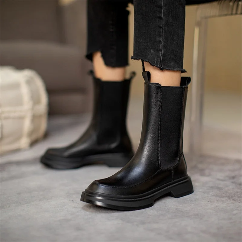 Meotina Chelsea Boots Women Natural Genuine Leather Flat Platform Mid Calf Boots Round Toe Ladies Shoes Autumn Winter Black 40