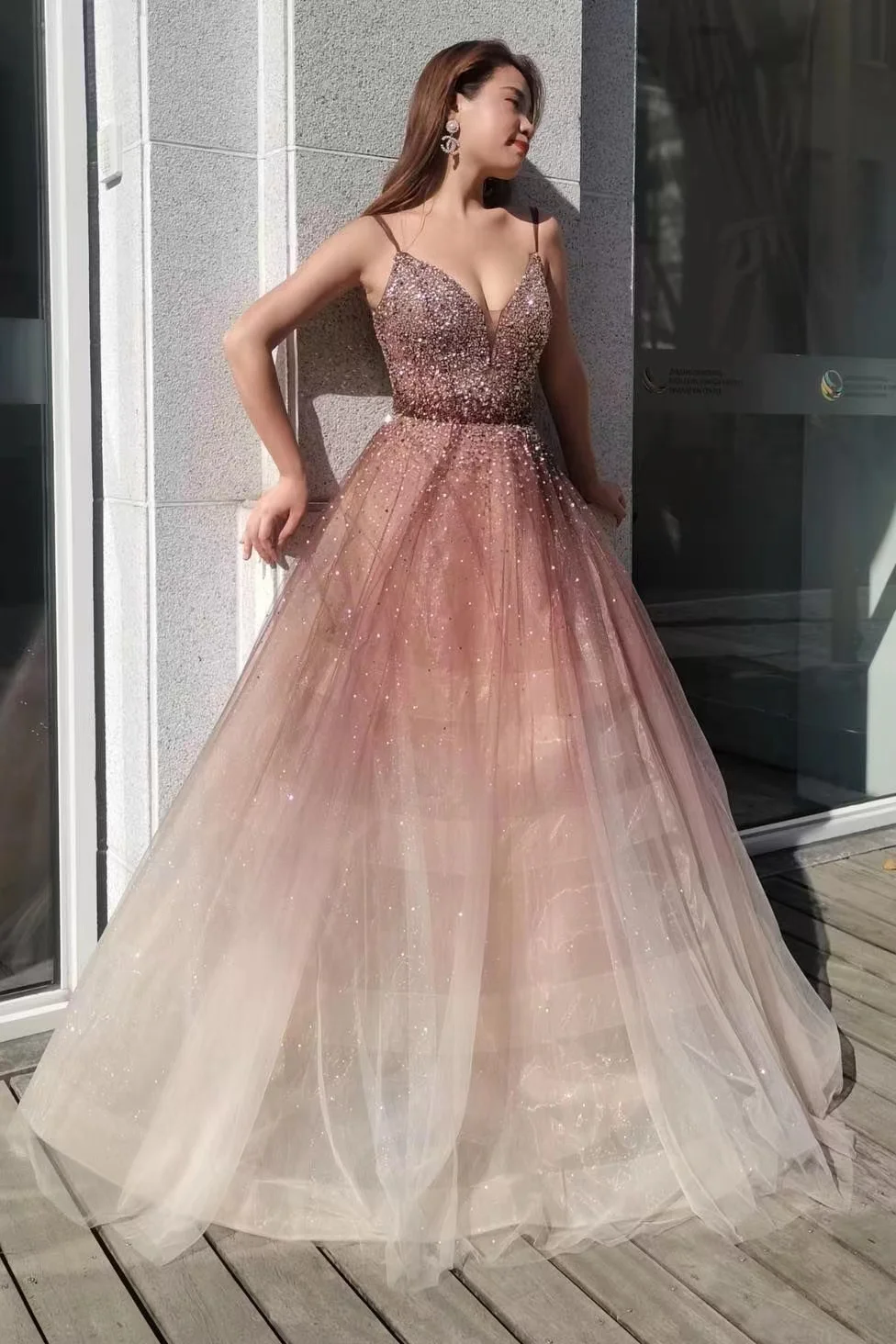 Miabel Ombre Spaghetti-Straps Tulle Prom Dress Deep V-Neck With Sequins Beads