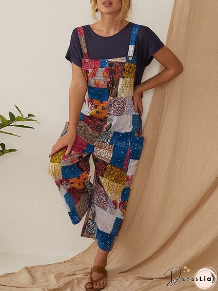 Women's Clothing Bohemian Character Print Suspenders Jumpsuit