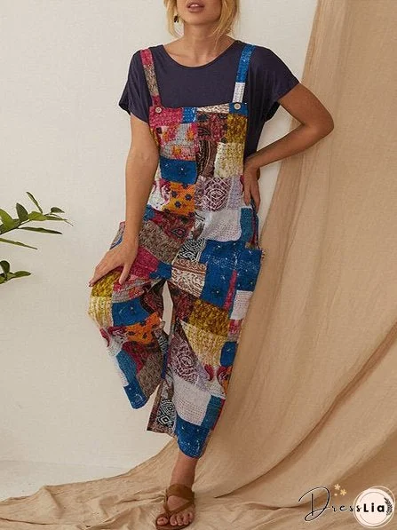 Women's Clothing Bohemian Character Print Suspenders Jumpsuit