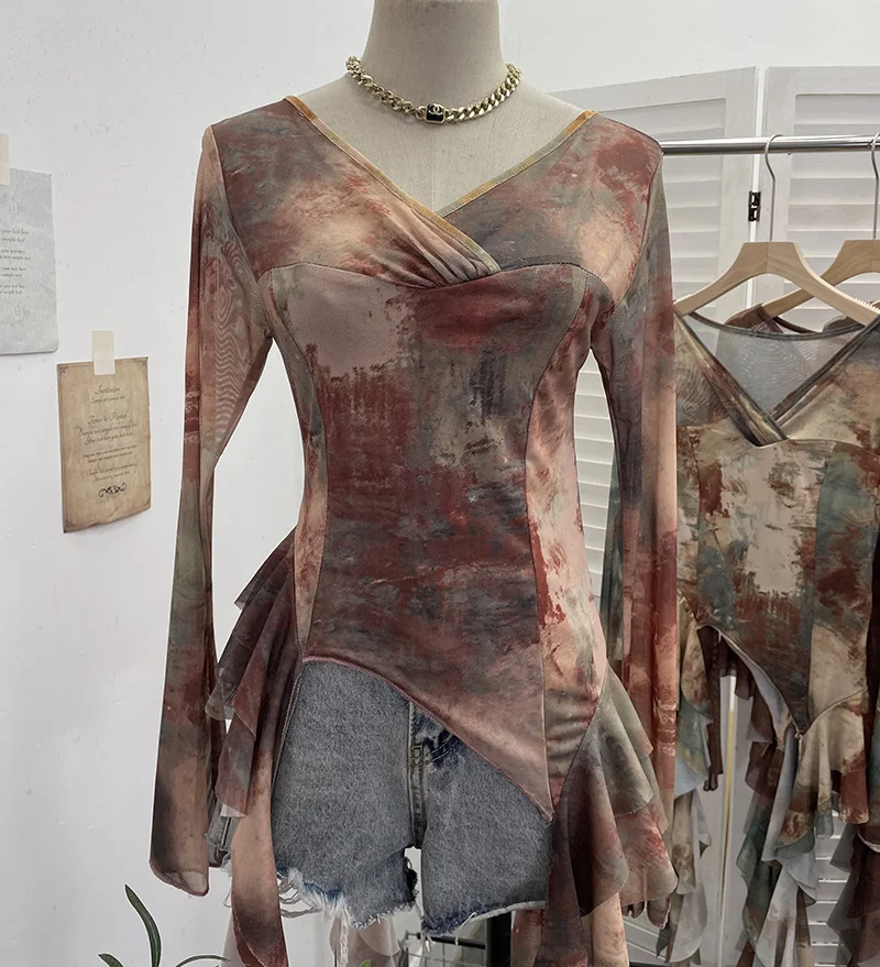 Nigikala Nigikala Shooting Ribbon Mesh Yarn Leaf Side Retro Print V Collar Horn Sleeve Top Spring And Summer Short Repair T-Shirt 8013