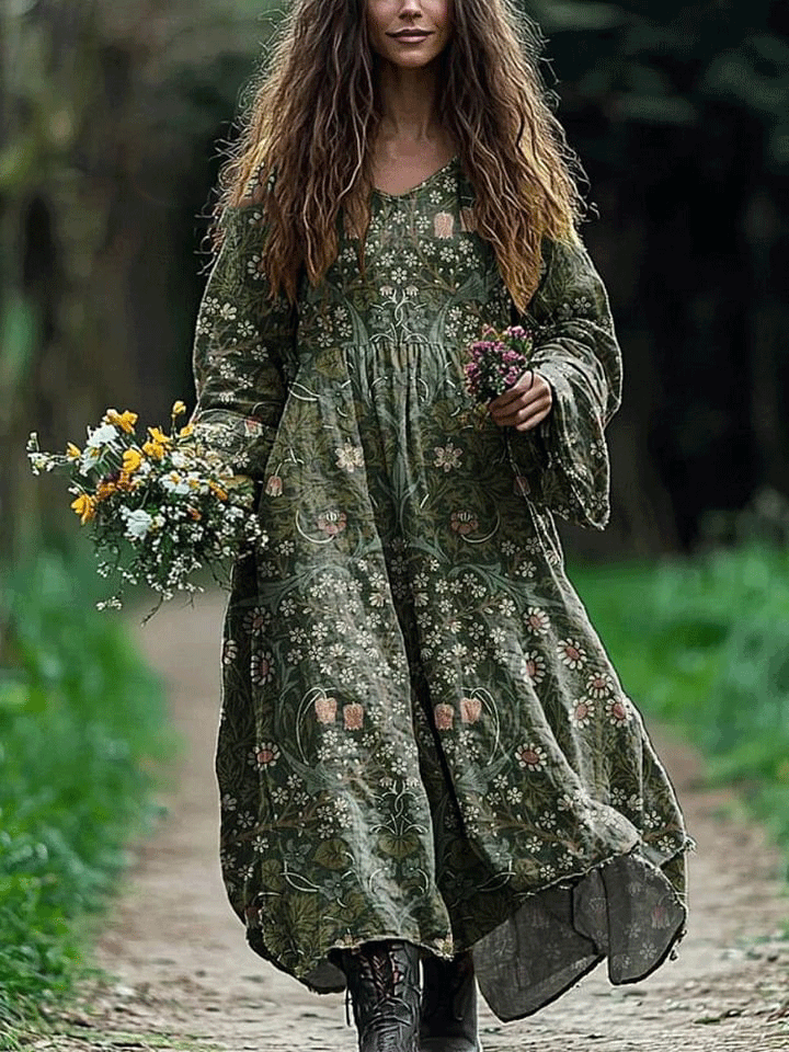 Women's Vintage Lovely Floral Art Print Pocket Cotton Dress