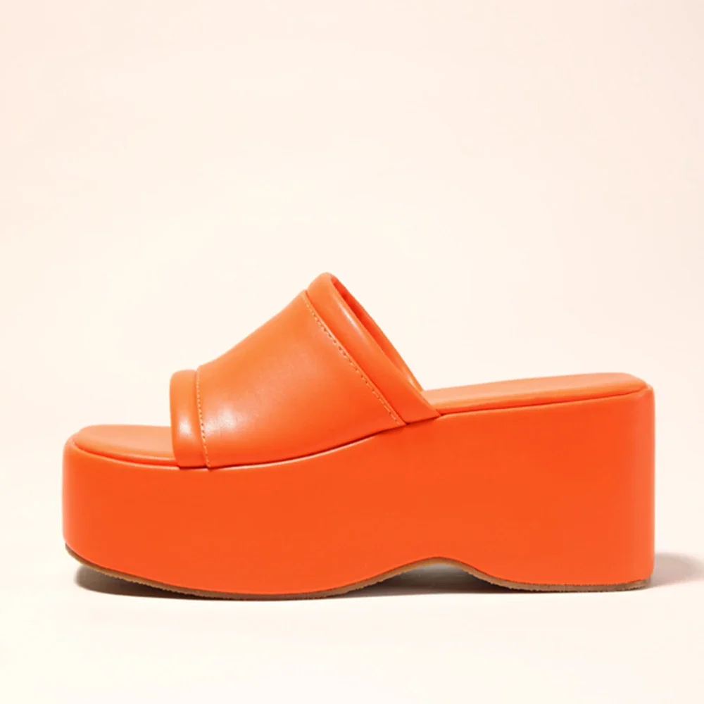 Qengg Slip On Open Toe Summer Women Mules Sandals Shoes Punk Thick Bottom Wedges Chunky Heel Casual Leisure Orange Shoes