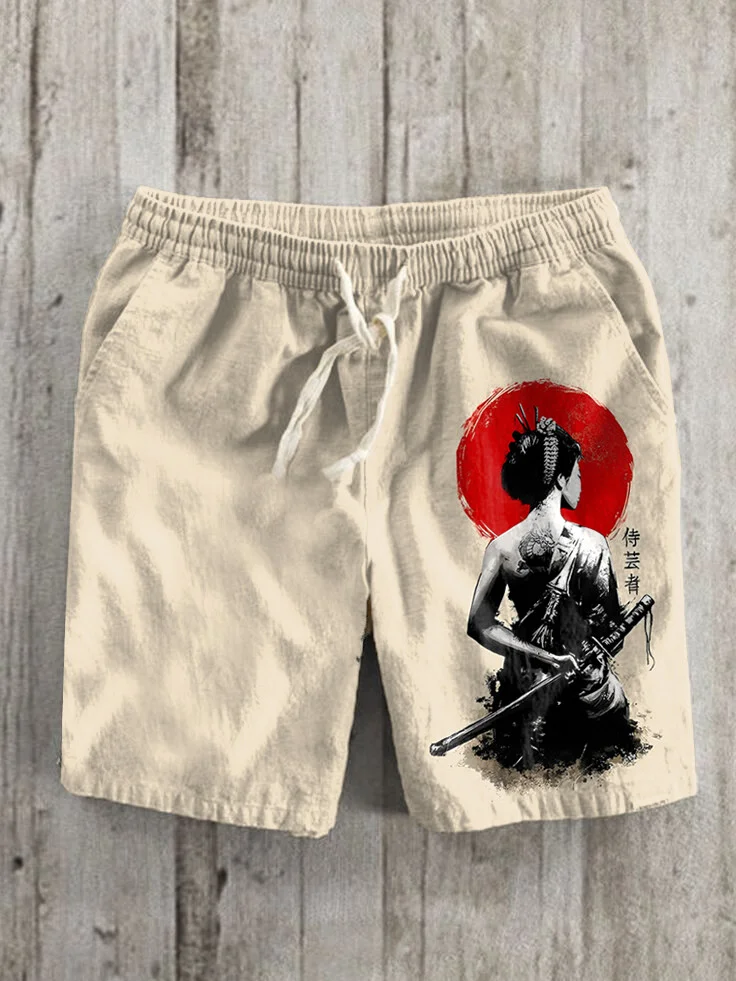Men's Geisha Samurai Japanese Art Print Casual Shorts
