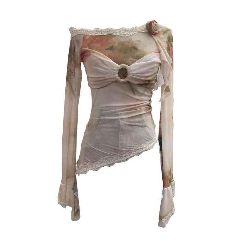 Churchf Real Shooting Lace Splicing Oblique Shoulder Thin Tie-Dye Mesh T-Shirt Girl T-Shirt T-Shirt Shawl T-Shirt 9986