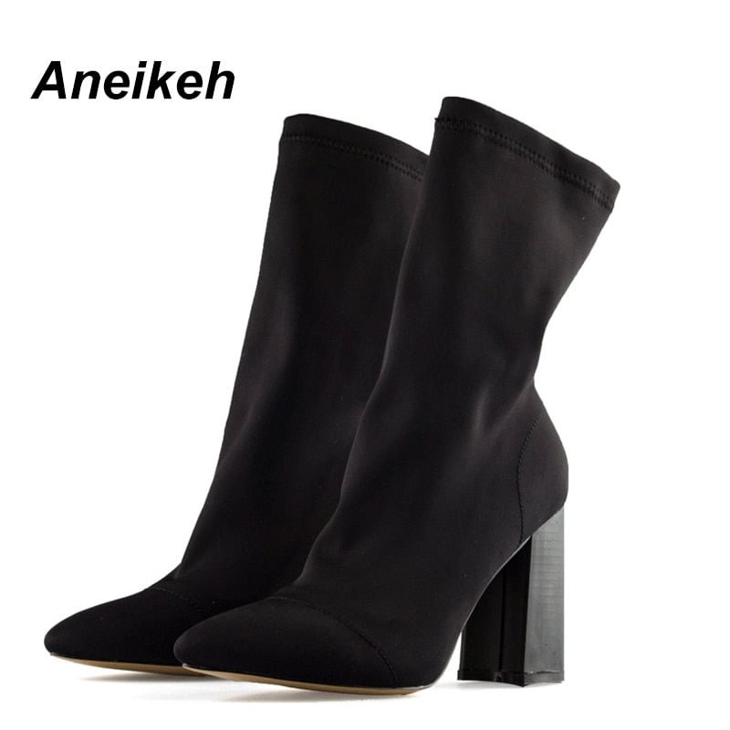 Aneikeh Slim Stretch Ankle Boots for Women Pointed Toe Sock Boots Square High Heel Boots Shoes Woman Fashion Bota Feminina 41