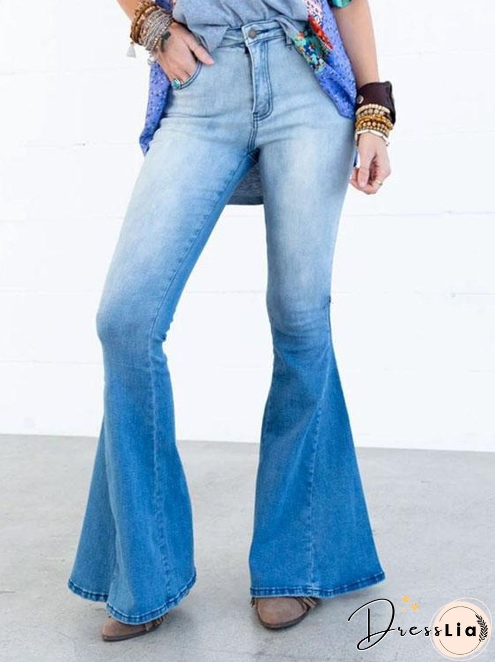 Women Gradient Color Denim Bell-Bottomed Pants