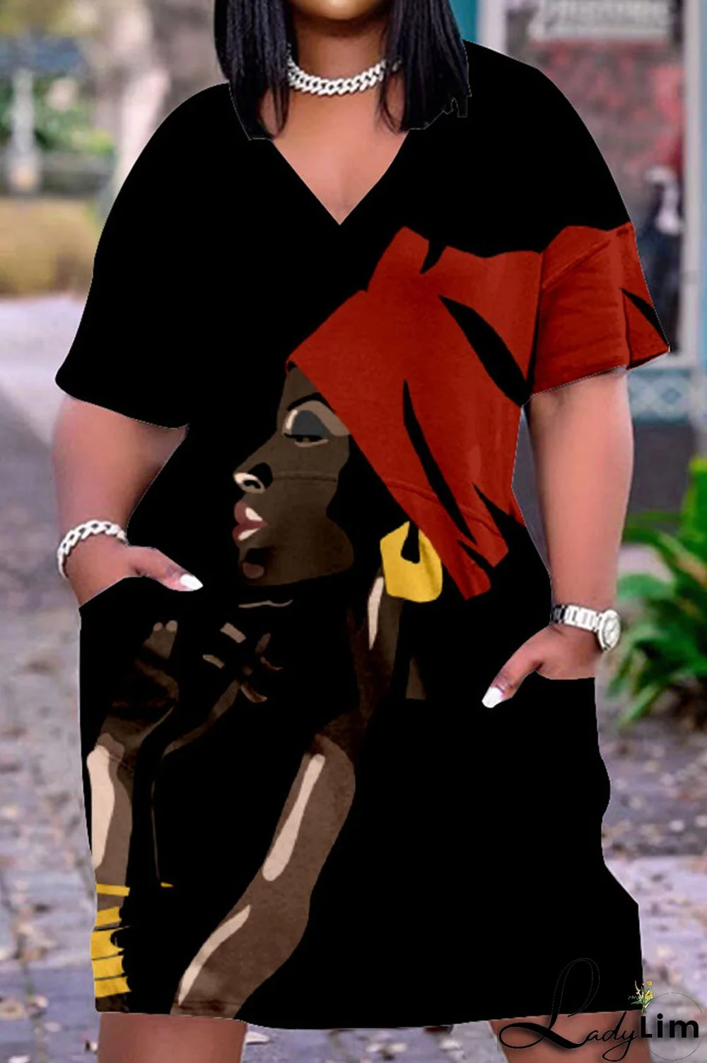 Beige Casual Street Print Patchwork V Neck Straight Dresses