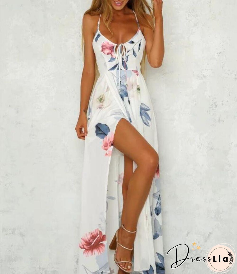 Open-back Print Big Swing Skirt Print Stitching Lace-up Dress White Dresses