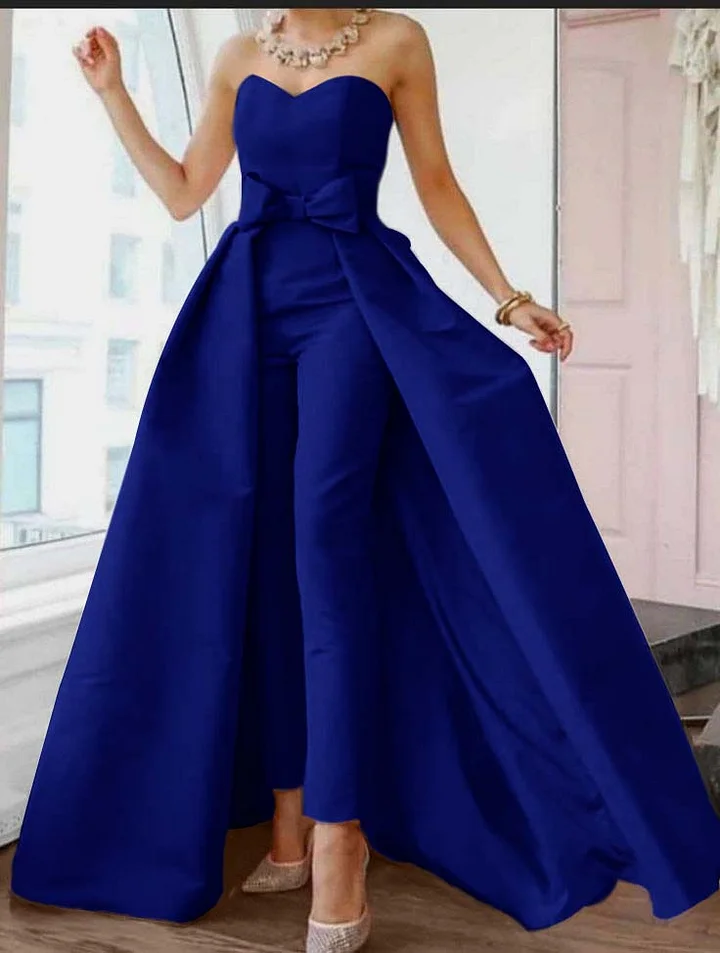 Okdais Pink Jumpsuits Evening Dresses Formal Occasion Dresses Back Sexy  Engagement Sweetheart Sleeveless Detachable Bow JP0025