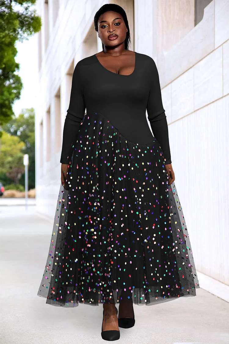 Xpluswear Design Plus Size Party Maxi Dresses Elegant Black Fall Winter Long Sleeve Sequin Mesh Maxi Dresses [Pre-Order]
