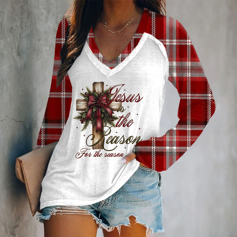 Comstylish Women's Christmas Print V-Neck T-Shirt