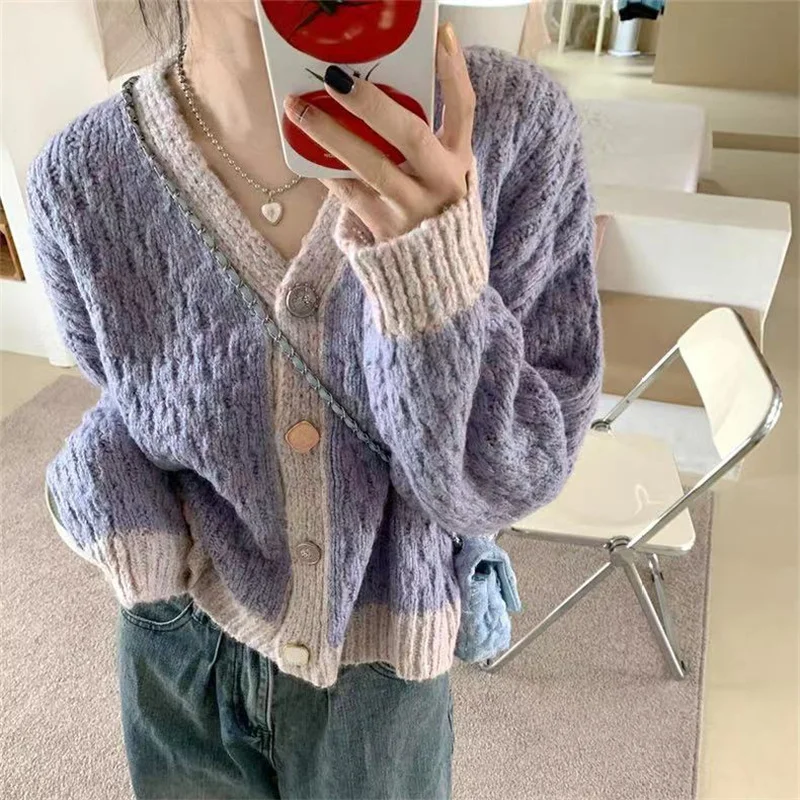 Ueong Ueong Version Of Knit Sweater Loose Lazy Wind Fashion Coat Reduced Age Mud Taro Purple Long Sleeve V-Neck Knit Sweater Cardigan Female