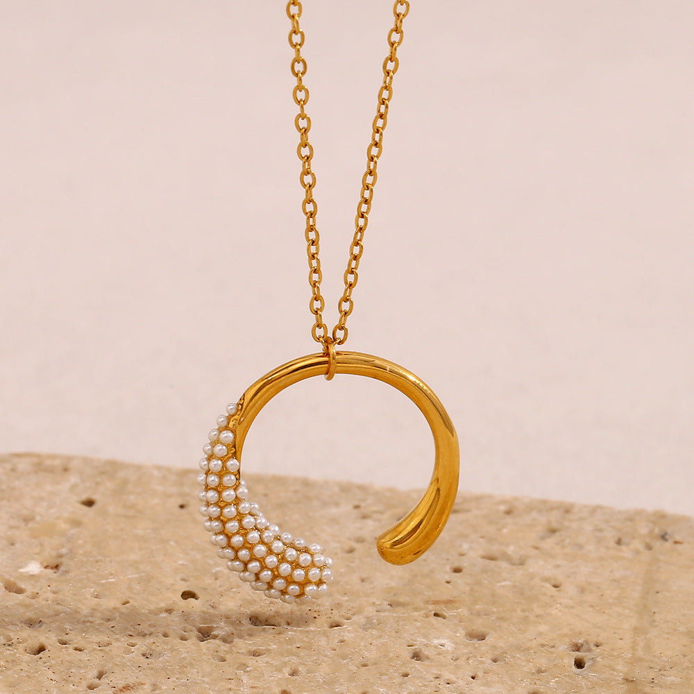 Geometric Fashion Pendant Stainless Steel Plated 18K Gold Half-Inlaid Moon Pendant Necklace