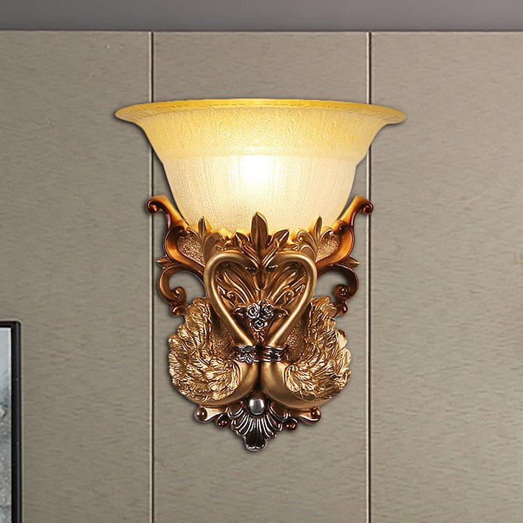 Bowl Amber Glass Wall Mount Lamp Modernist Style 10"/13" W 1 Head Living Room Wall Sconce with Golden Swan Design