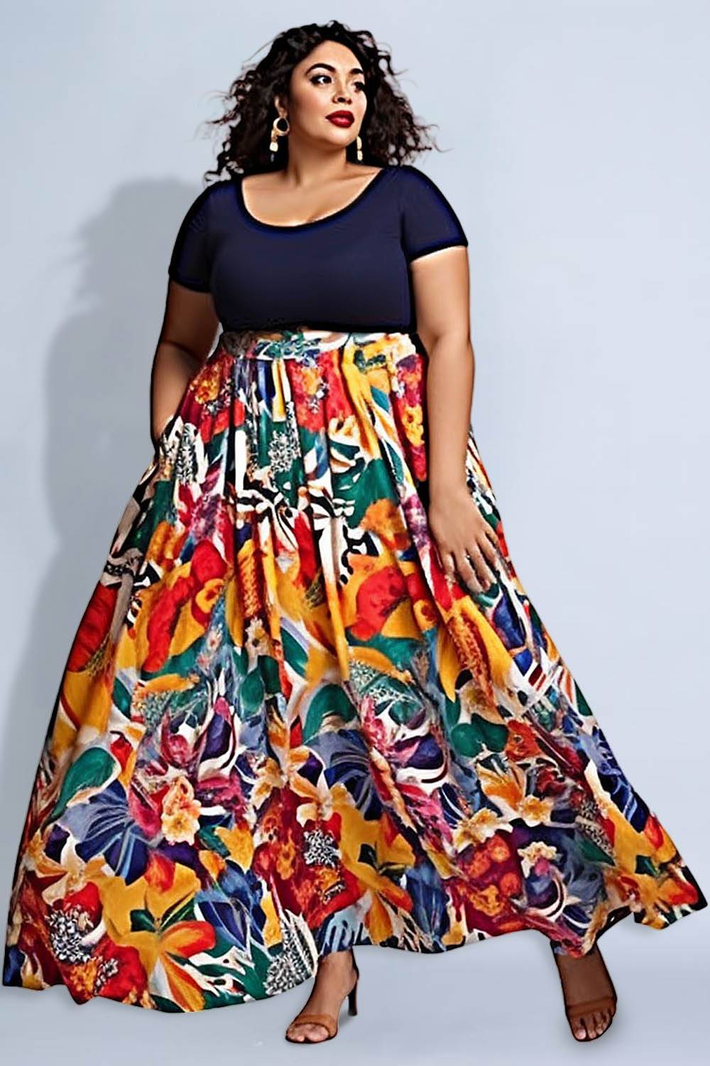 Design Plus Size Daily Multicolor Floral Round Neck Short Sleeve Contrast Knitted Maxi Dresses [Pre-Order]