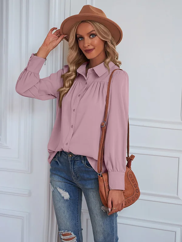 Casual Long Sleeves Loose Pleated Solid Color Lapel Collar Blouses&Shirts Tops
